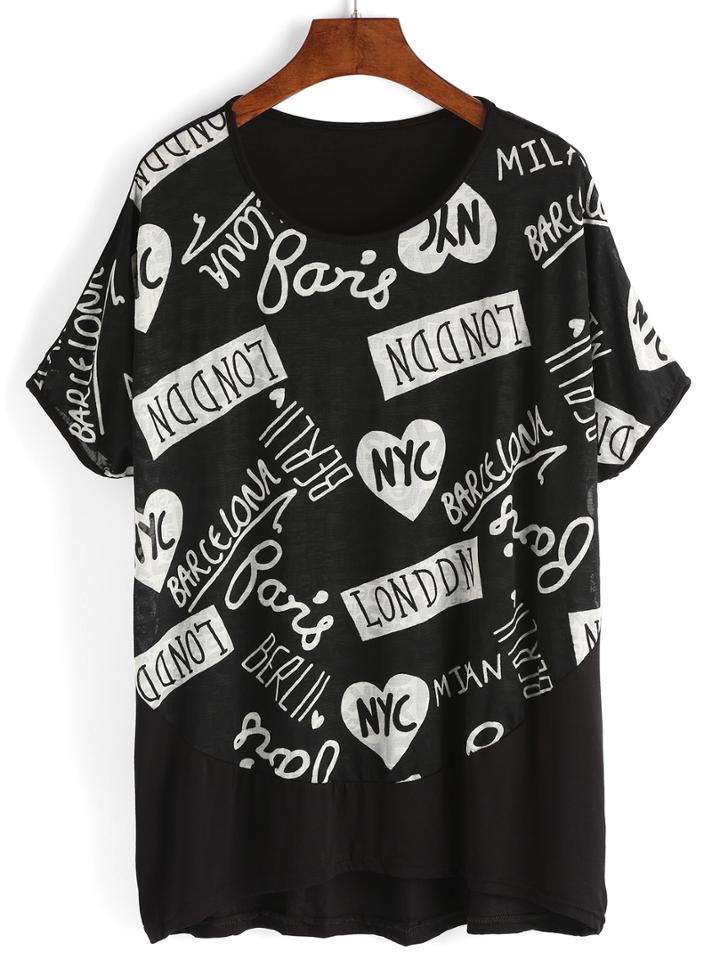 Romwe Letter Graffiti Print T-shirt