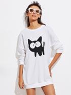Romwe Cat Print Drop Shoulder Longline Sweatshirt