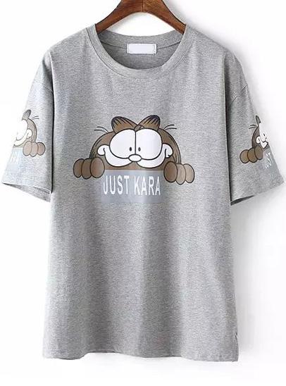 Romwe Garfield Print Grey T-shirt