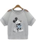 Romwe Grey Sheer Mesh Sequined Mickey T-shirt