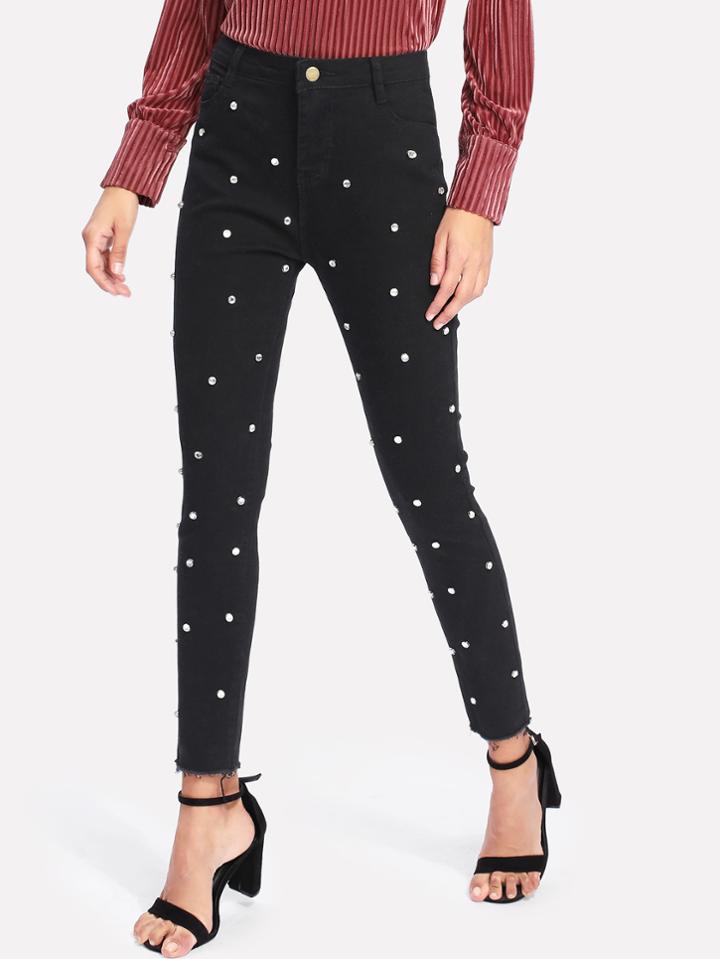 Romwe Raw Hem Faux Pearl Decoration Skinny Jeans