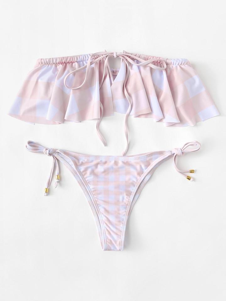 Romwe Gingham Drawstring Bikini Set
