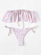 Romwe Gingham Drawstring Bikini Set