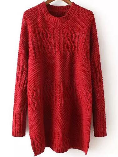 Romwe Women Long Sleeve Split Side Red Sweater