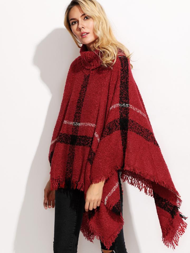 Romwe Burgundy Turtleneck Plaid Fringe Smock Sweater