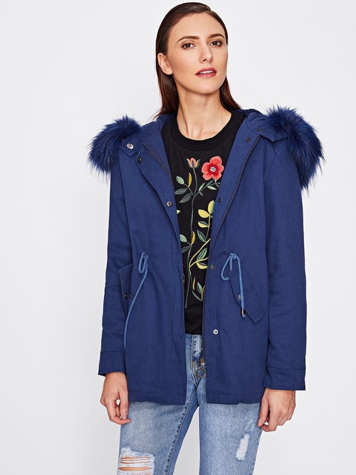 Romwe Faux Fur Trim Hoodie Drawstring Slit Back Parka Coat
