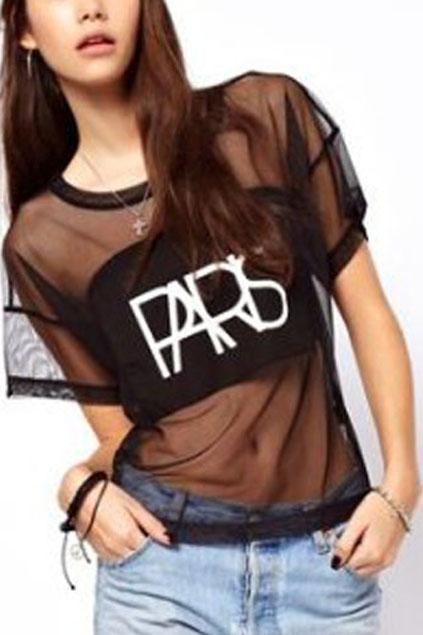 Romwe Paris Print Mesh Transparent Black T-shirt