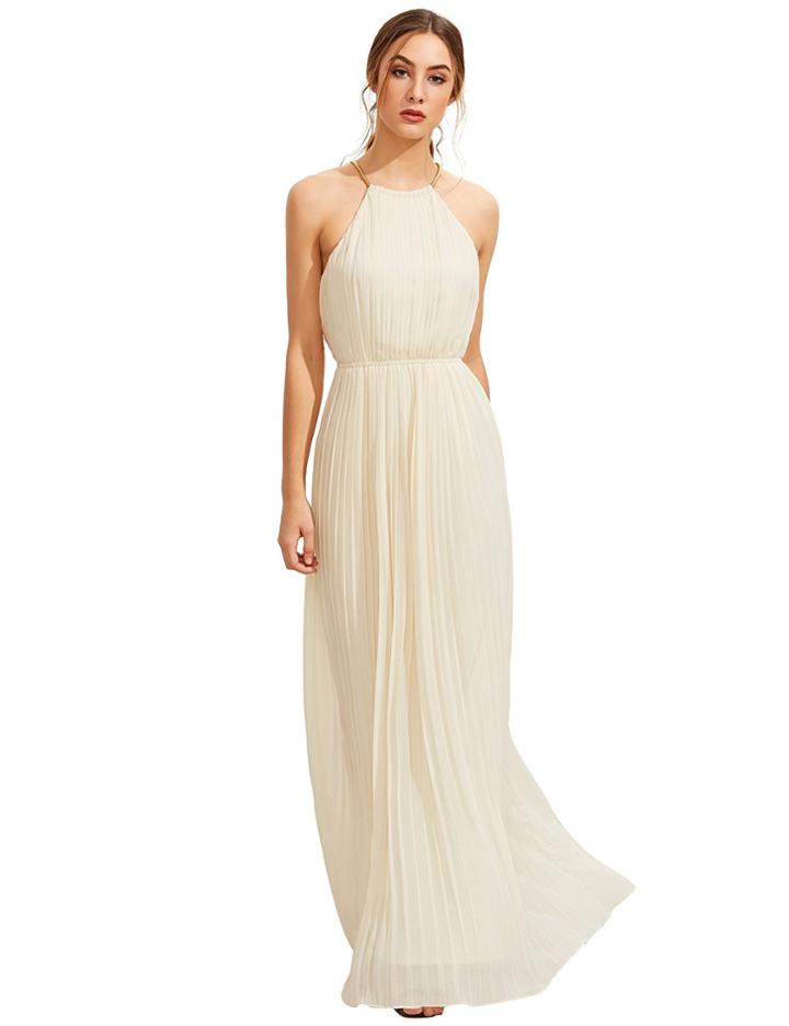 Romwe Evening Sleeveless Halterneck Pleated Infinity Maxi Dress