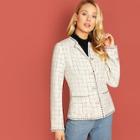 Romwe Pocket Front Single Breasted Grid Tweed Coat