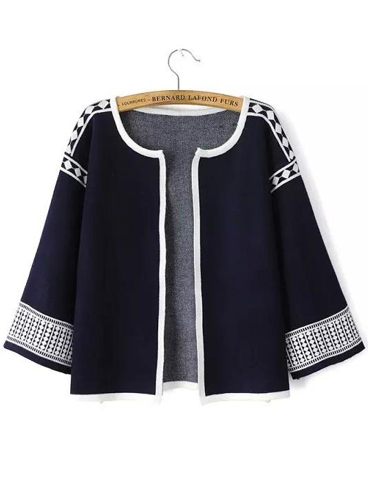 Romwe 3/4 Sleeve Geometric Print Navy Coat