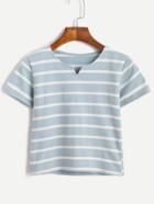 Romwe Blue Striped V Cut Crop T-shirt