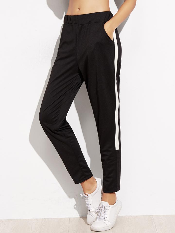 Romwe Black Stripe Side Pocket Pants