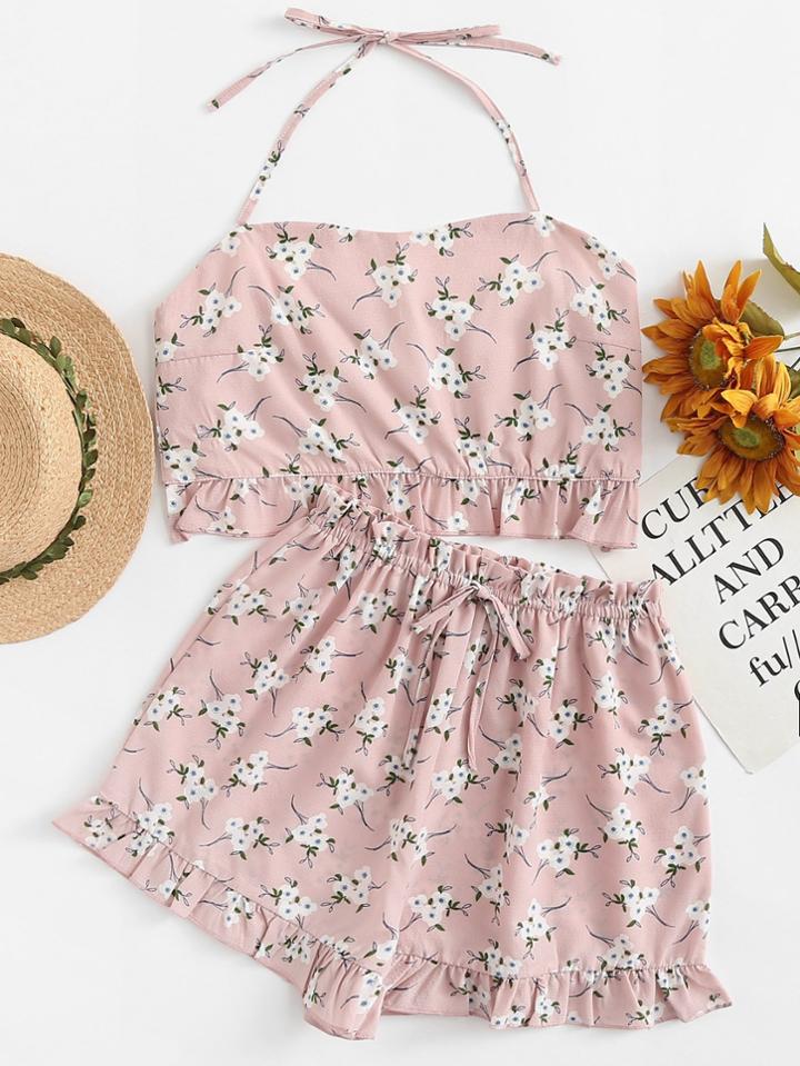 Romwe Calico Print Frill Hem Halter Top With Shorts