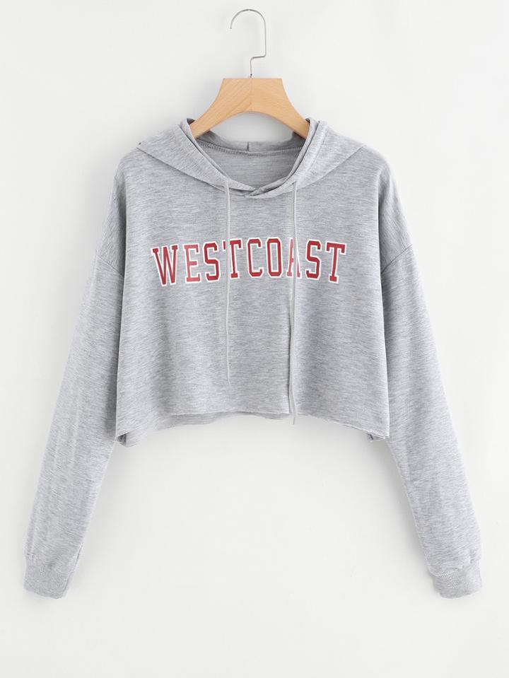 Romwe Slogan Print Raw Hem Crop Hoodie