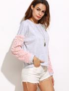 Romwe Heather Grey Textured Faux Fur Sleeve Sweatshirt