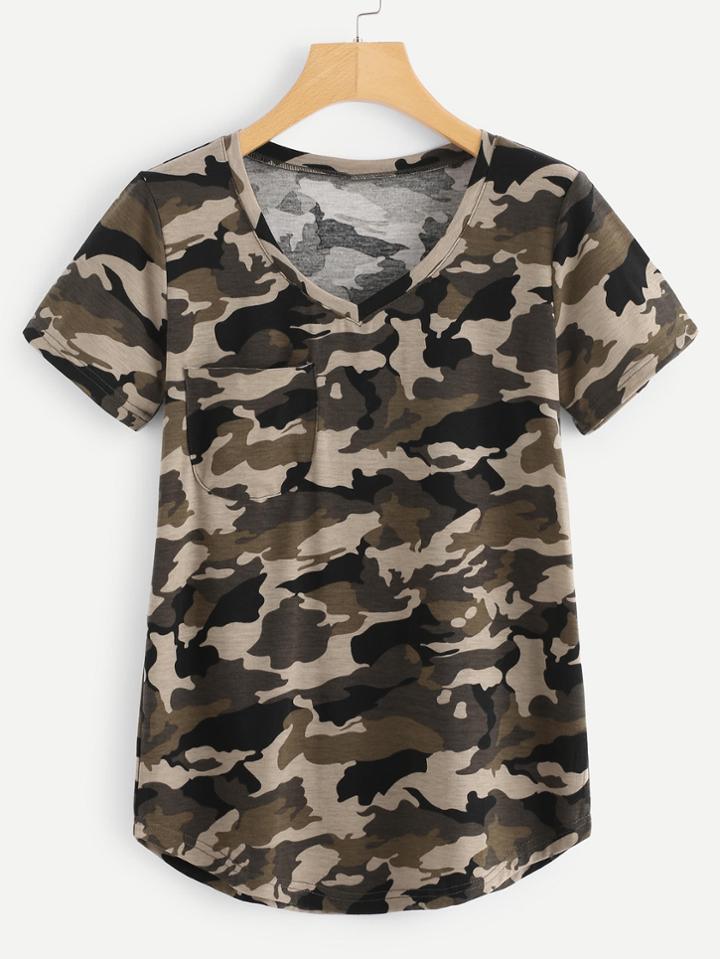 Romwe V Neckline Camo Print Tee