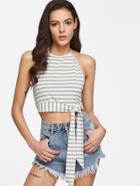Romwe Striped Knot Front Crop Halter Top
