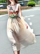 Romwe Apricot Embroidered Tie-waist A-line Dress