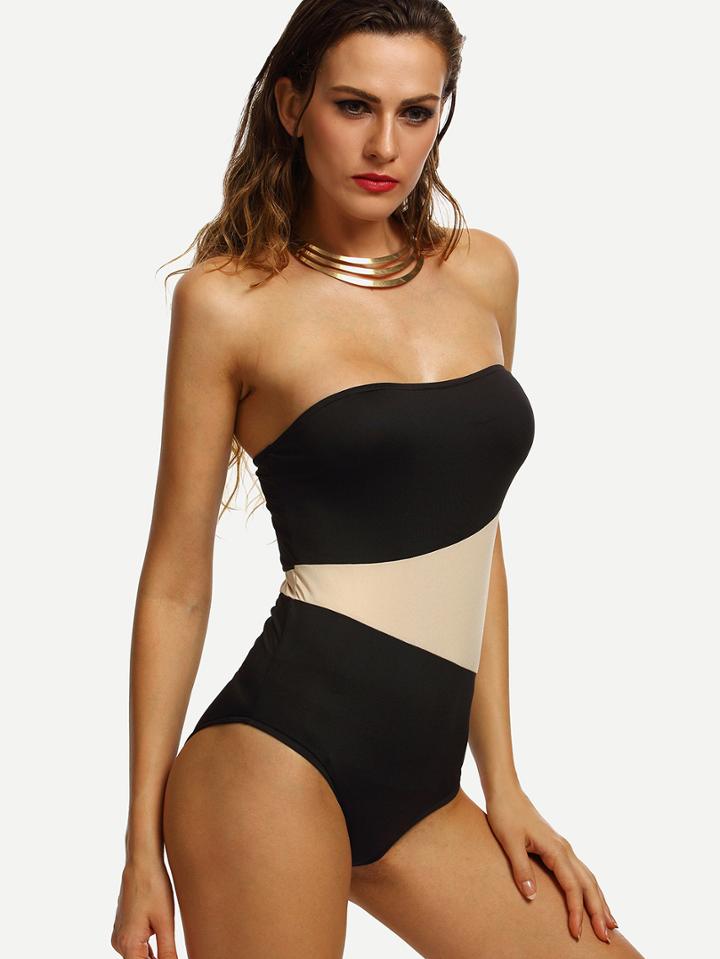 Romwe Contrast Ruched One Piece Bandeau Swimwear