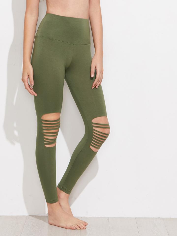 Romwe Wide Waistband Knee Ripped Leggings