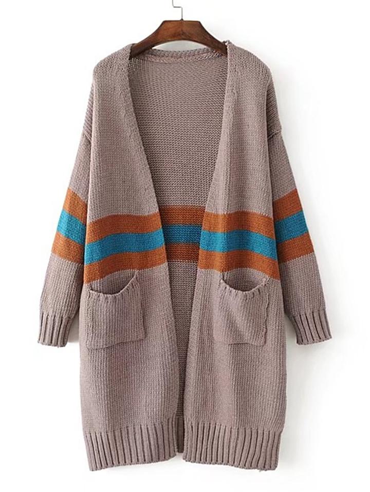 Romwe Front Pocket Striped Longline Cardigan