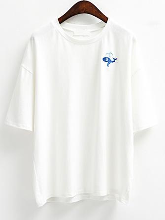 Romwe Embroidered Drop Sleeve T-shirt - White