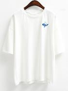 Romwe Embroidered Drop Sleeve T-shirt - White