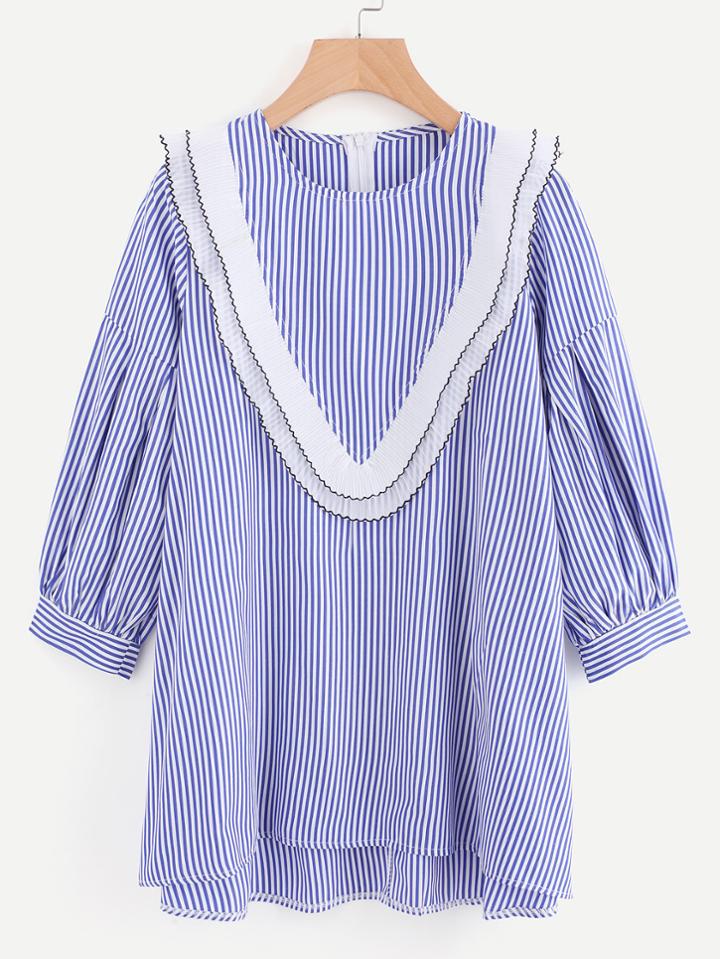Romwe Frill Trim Striped Dip Hem Zip Up Back Dress