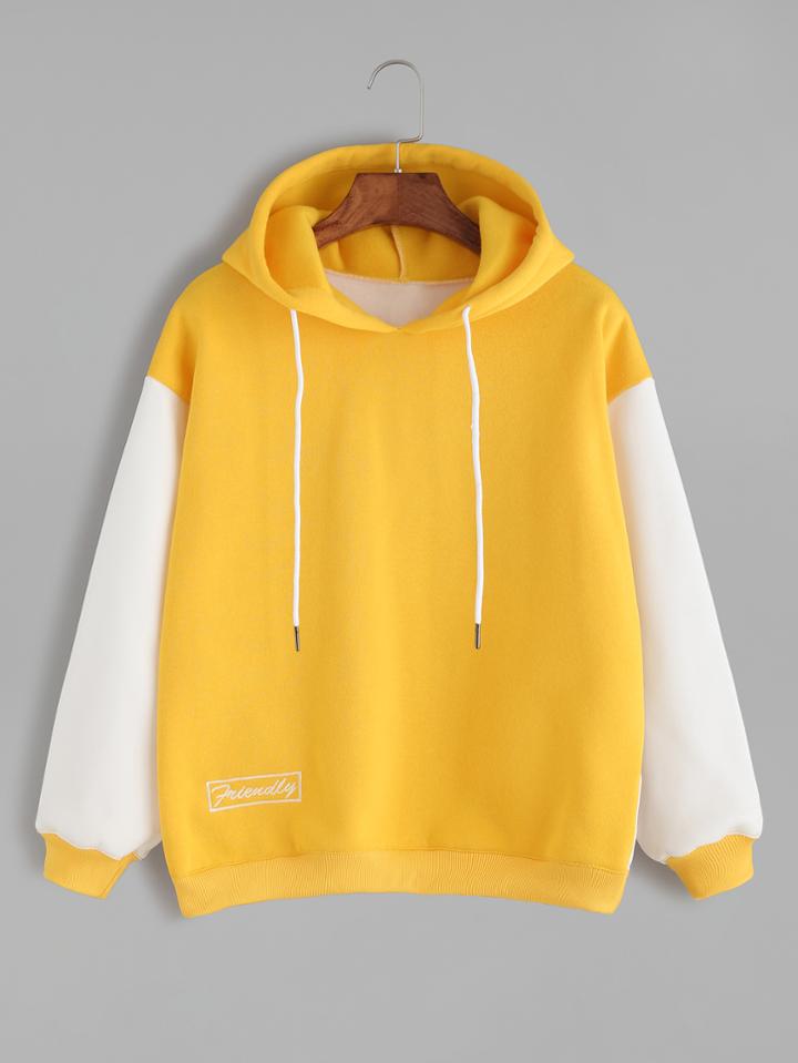 Romwe Yellow Contrast Letter Embroidery Drawstring Hooded Sweatshirt