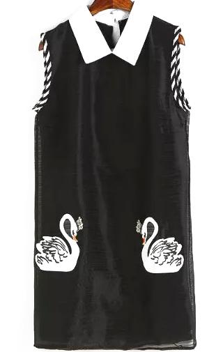 Romwe Contrast Collar Swan Embroidered Black Dress