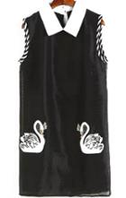 Romwe Contrast Collar Swan Embroidered Black Dress