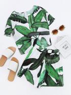 Romwe Zip Back Foliage Top And Shorts Co-ord