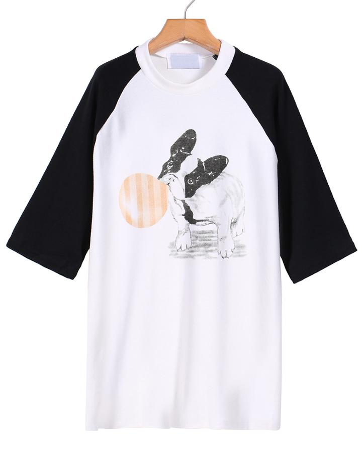 Romwe Colour-block Dog Print T-shirt