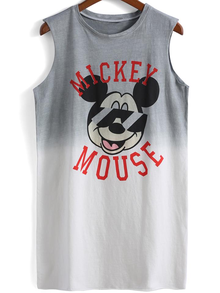 Romwe Mickey Print Ombre Grey Tank Top