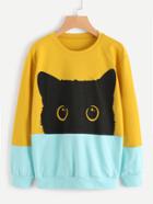 Romwe Cat Head Print Color Block Sweatshirt