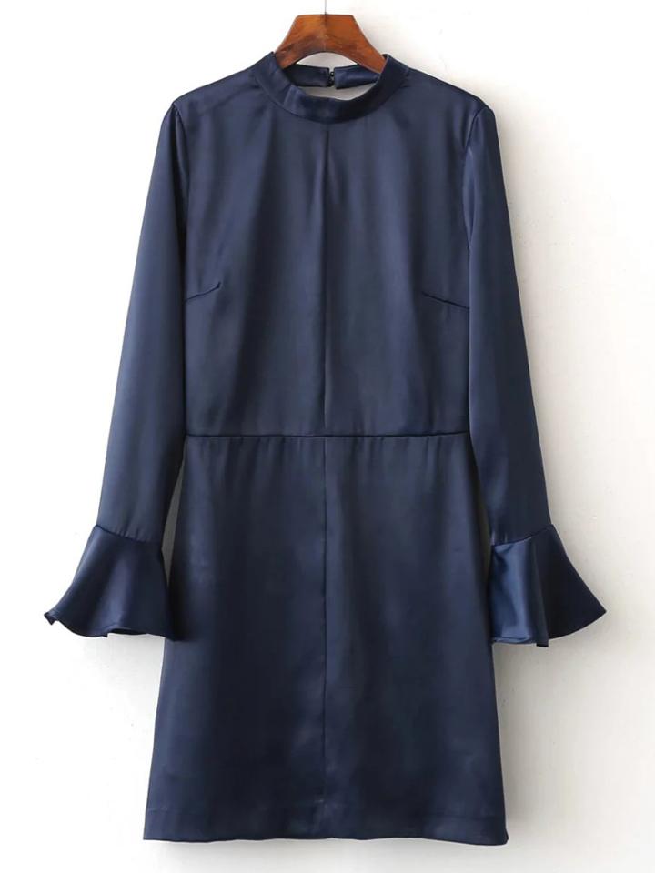 Romwe Navy Cutout V Back Ruffle Cuff Dress