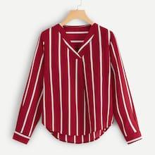 Romwe V Neck Striped Dip Curved Hem Top