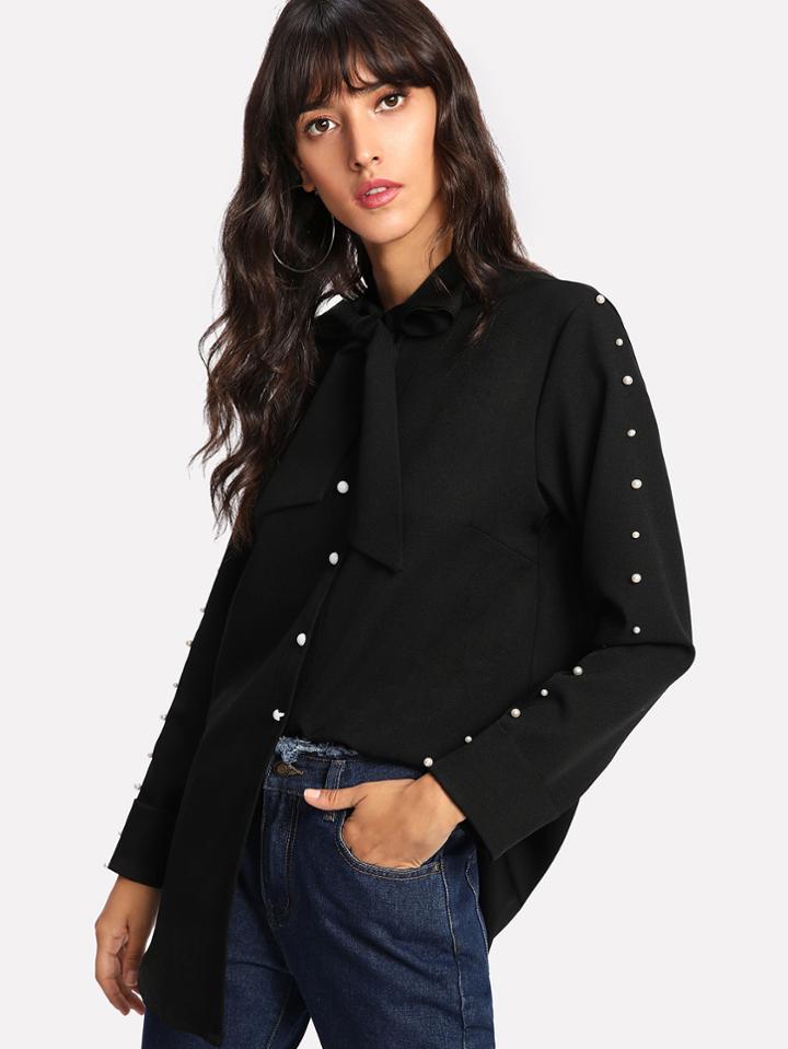 Romwe Pearl Embellished Sleeve Tied Neck Skirt