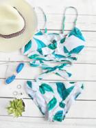Romwe White Leaf Print Wrap Detail Bikini Set