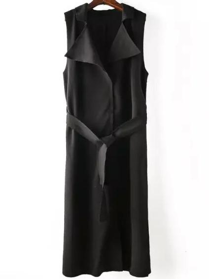 Romwe Lapel Belt Long Black Vest