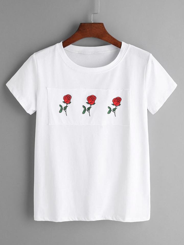Romwe White Rose Print Patch T-shirt