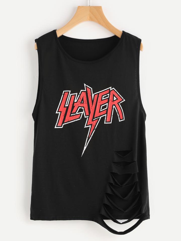 Romwe Graphic Print Ripped Tank Top