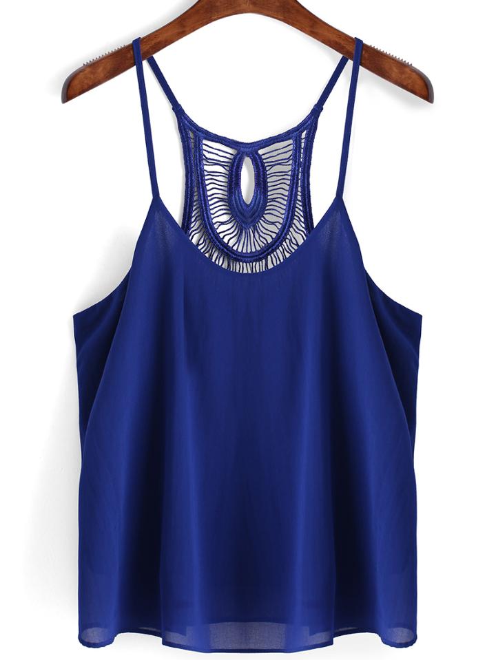 Romwe Spaghetti Strap Crochet Hollow Chiffon Cami Top