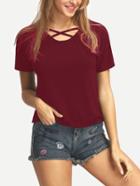Romwe Burgundy Lattice Neck T-shirt