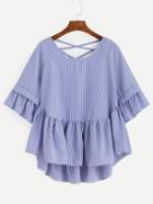 Romwe Blue Striped Criss Cross Back Ruffle Blouse