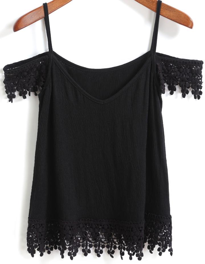 Romwe Spaghetti Strap Floral Crochet Black Cami Top