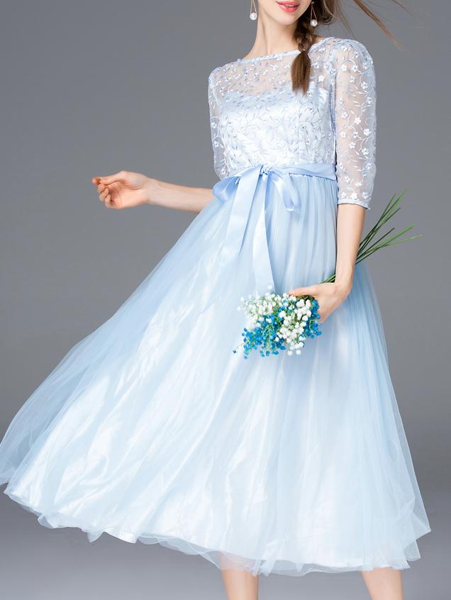 Romwe Blue Gauze Embroidered Tie-waist Dress