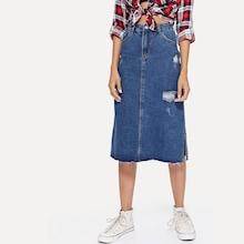 Romwe Ripped Split Side Denim Skirt