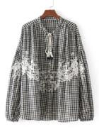 Romwe Embroidered Detail Tassel Tie Gingham Blouse