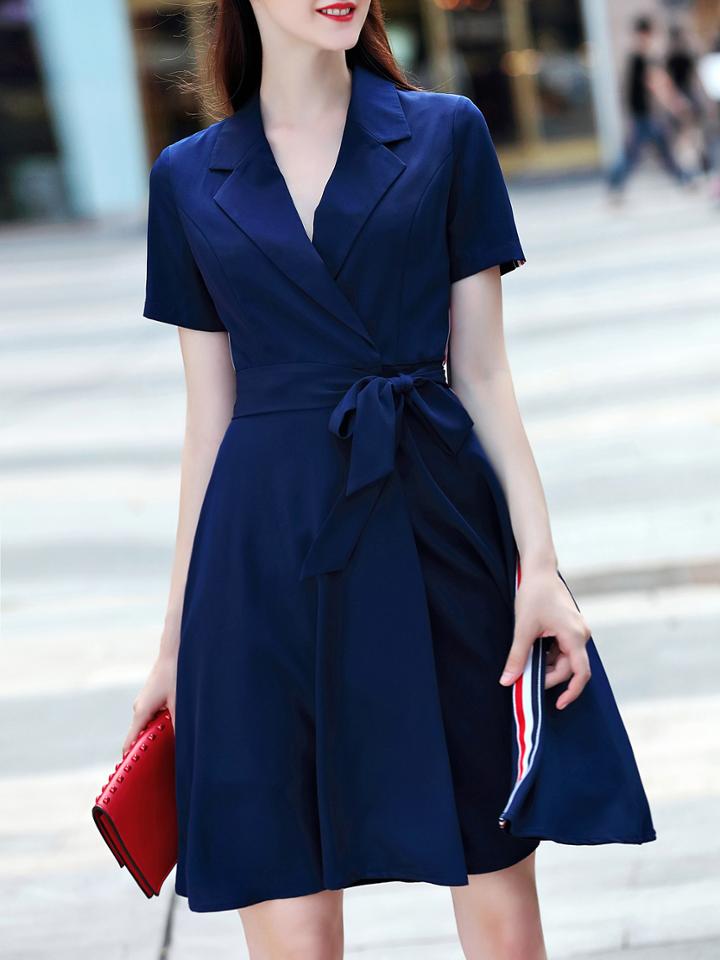 Romwe Blue V Neck Tie-waist Dress